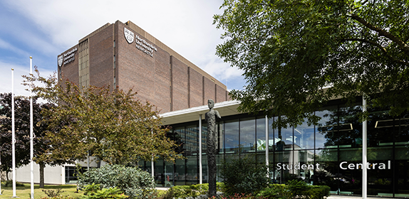 Exterior of Student Central Library, City Campus, on a sunny day.