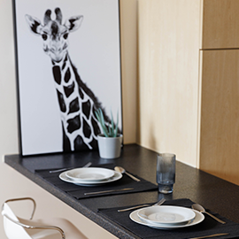 Zoomed picture of accommodation kitchen- plates on a table and picture of giraffe 