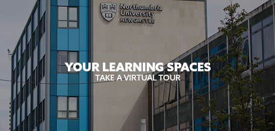 External of ellison building with words "Your learning spaces, take a virtual tour"