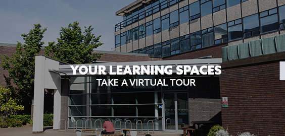  Modern campus building with text: "Your Learning Spaces – Take a Virtual Tour."