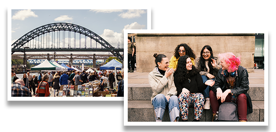 Two overlapping photos showing scenes of student life, one with a busy outdoor market near a bridge, and the other with a group of students sitting on steps, laughing and chatting.
