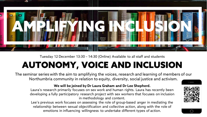 An event promotion poster with a white background, black text, QR code and an image of a row of colourful books along the top