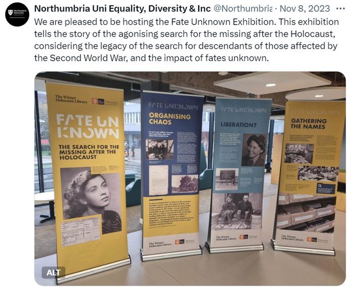 A screenshot of a tweet promoting the fate unknown exhibition (story of those missing following the Holocaust)