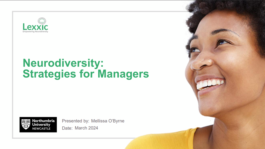 A slide with white background and a woman smiling next to the text 'Neurodiversity: Strategies for Managers'