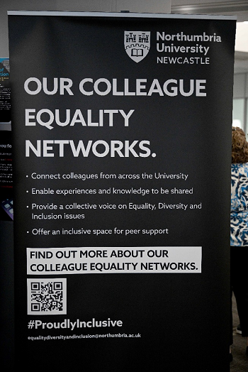 Image of tall black and white banner for colleague equality networks, including a QR code to find out more information