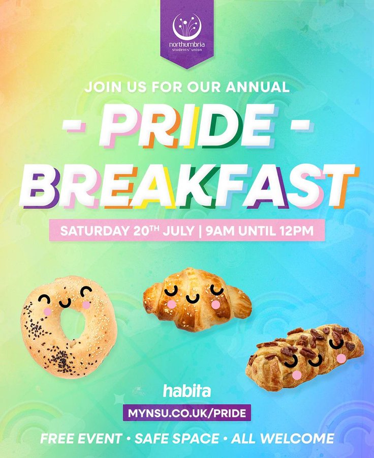 Poster with a gradient green and blue background with rainbow coloured wording which reads 'Pride Breakfast' and features images of pastries.