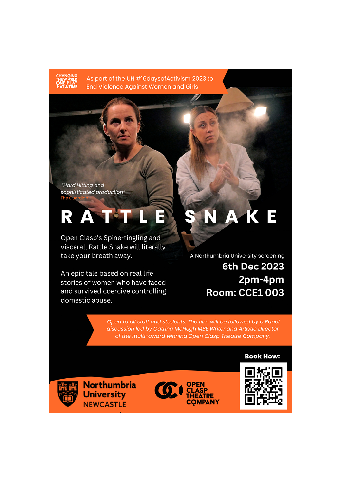Black, orange and white post for the play Rattle Snake with an image of two women looking concerned