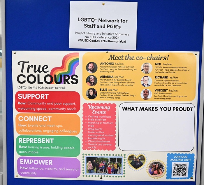 Rainbow coloured posted for the True Colours networks, with pictures and blurbs of chairs, network aims and events.