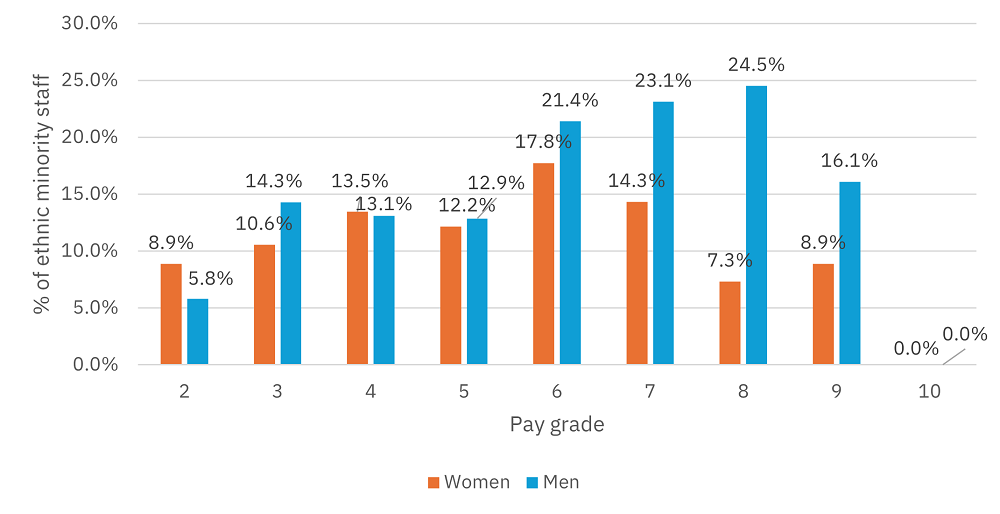 Proportion of ethnic minority men and women in each pay grade (of those that reported)