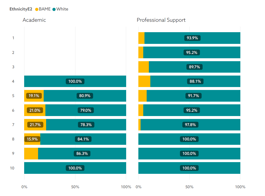 Ethnicity (two groups) by Grade and Employee Type, 2023 (Full-pay equivalent employees, Northumbria University and Northumbria University Services Limited. Includes Grades 1 - 10, excluding KTPs and other grades outside the main pay spine. Excludes 'Unknown' ethnicity - 'prefer not to say' or not recorded)