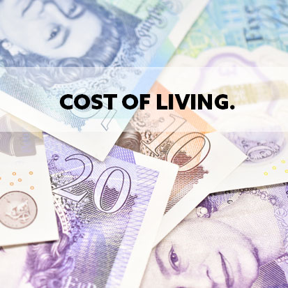 Cost of Living image with English pound notes of money