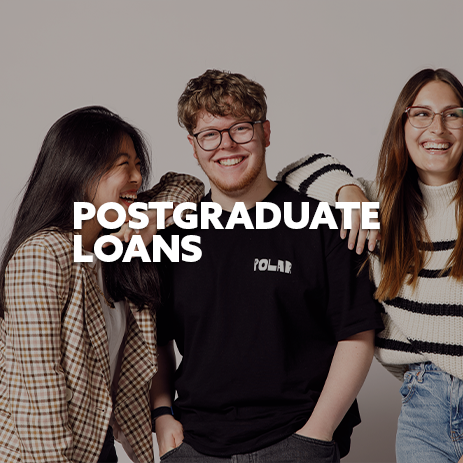 Three students with white text 'Postgraduate Loans' 