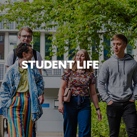 Four students on campus, with white text 'Student Life' 