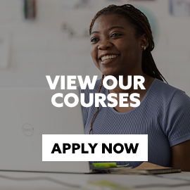 Student working from laptop with text embedded reading 'view our courses' with CTA 'Apply Now'