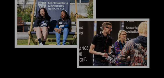 Postcard style pod with two images with white borders. First image is two students at an open day and second image is a member of staff at an open day