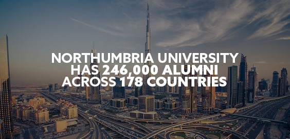 City skyline with text reading 'Northumbria University has 246,000 Alumni across 178 countries'