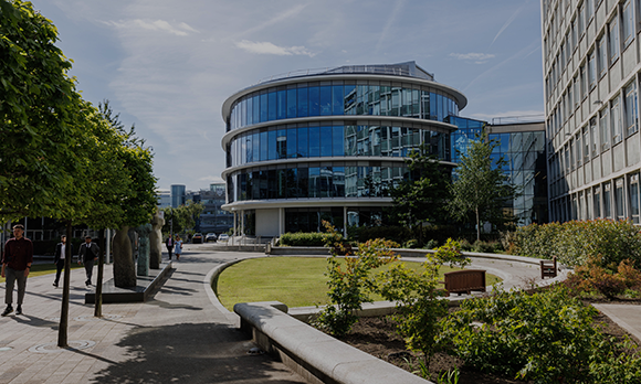 Worms-eye view of the CIS building on Newcastle City Campus.