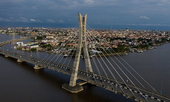 Wide-shot of  Lekki-Ikoyi Link Bridge in Lagos, Nigeria during a sunny day.