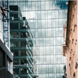 Photo showing glass side of a building