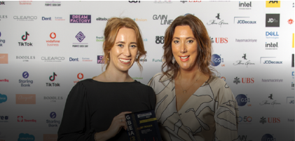 two woman with an award