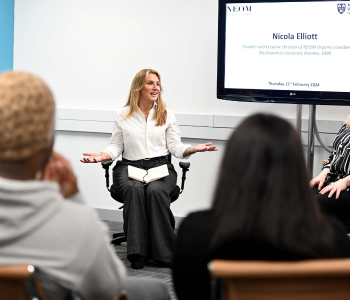 Caption: Nicola Elliott, founder of NEOM Organics London presenting to students at Northumbria University