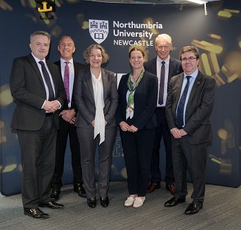 Caption: L-R_Prof Michael Young, Prof Paul Croney, Prof Karen O'Brien, Rt Hon Gillian Keegan MP, Prof Chris Day and Prof Andy Long