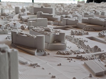 Caption: Close up of the display model featuring the recreation of Northumbria’s Design and Business schools.