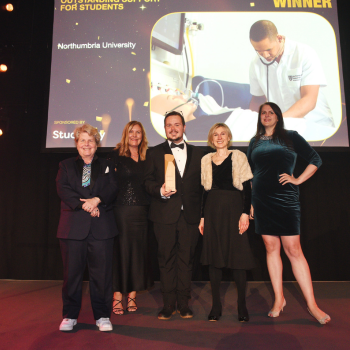 Caption: L-R: Awards host, broadcaster and comedian Sandi Toksvig; Barbara Davies, Barry Hill and Dianne Ford from Northumbria University and Isabelle Bristow of award sponsor Studiosity 