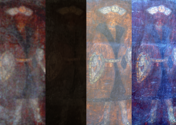 Caption:From L-R: The painting photographed in the 1960s, as it looked when rediscovered, how it looks when using MSI False Colour Infrared, and MSI-RGB with virtual varnish removal.