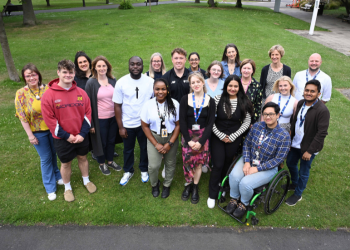 Group photo of representatives from the Students as Partners Forum outside the Civic Centre in Newcastle.
