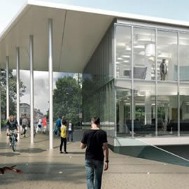 a group of people standing in front of a building