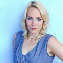 a woman in a blue shirt