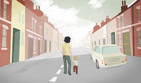 a person walking down a street next to a building