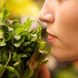 a close up of a person holding a piece of broccoli