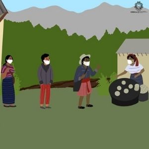 Still image of a GIF developed to promote Covid-19  public health messaging in Guatemala. Image shows correct usage of masks as people in a rural community queue to buy food.