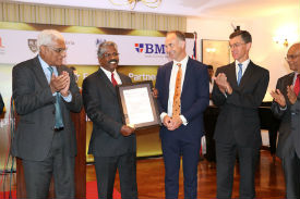 a group of people standing in a room