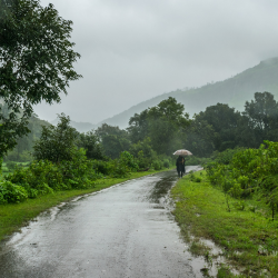 a photo of monsoon rain in a mountainous location