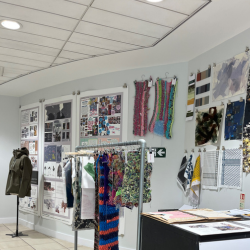 Postgraduate design portfolio work displayed in the school of design at Northumbria university.