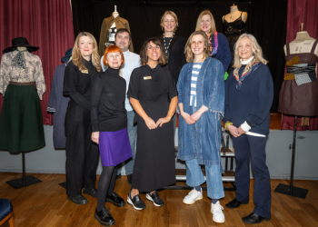 Launch of The Regeneration Shop in Chopwell. Sarah Cotton, Senior Programmes Manager at Chopwell Regeneration Group; Jennine Wilson, Lecturer in Fashion and Senior Technician at Northumbria University; Hal Convery, Shop Manager at The Regeneration Shop; Crystal Hicks, Executive Director of Chopwell Regeneration Group; Gayle Cantrell, Assistant Professor BA Fashion Communication at Northumbria University; Sophie Wetherell, Assistant Professor BA Fashion / MA Fashion Design at Northumbria University; Emma Jane Goldsmith Assistant Professor BA Fashion / MA Fashion Design at Northumbria University; Professor Anne Peirson-Smith, Head of Fashion at Northumbria University.