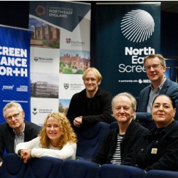 Image (front row): Jonathan Long, Director of the Centre for Visual Arts and Culture, Durham University, Gayle Woodruffe, Operations Director, North East Screen, Ian Fenton, Senior Lecturer in Film & Television Production, Teesside University, Catriona McAvoy, Education Partnerships Manager, North East Screen, (second row) Lawrence Brannon, Associate Head of School, Film and Media, Sunderland University, Neil Percival, Co-Director of Cultural Partnerships, Northumbria University