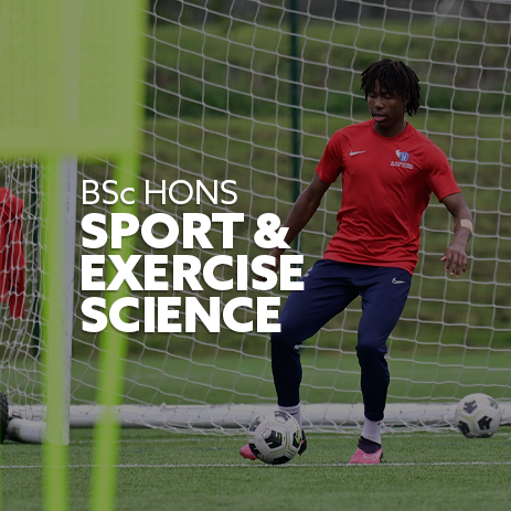 Image: i2i male student-athlete training on a 3G pitch at Coach Lane Campus. Text: "BSc (Hons) Sport and Exercise Science"