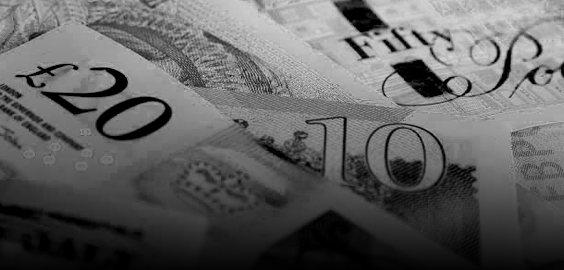 Black and white image of 10, 20 and 50 pound notes