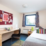 a bedroom with a bed in a room