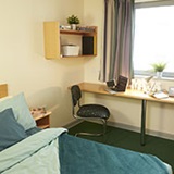 a bedroom with a bed and desk in a room