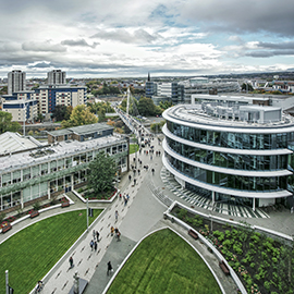 a large green landscape with a bridge in the background