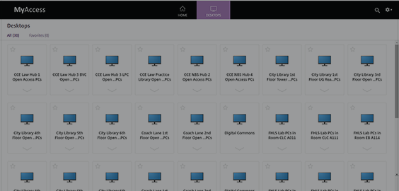 MyAccess: Your Remote Desktop page menu button - a screenshot of the MyAccess screen displaying rows of PCs.