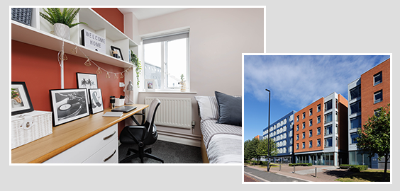 two photos of accommodation at northumbria in postcard style