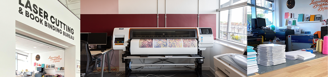 Collage of fashion communication facilities including laser cutting and printing facilities 