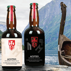 Student work- 2 alcohol bottles with Viking boat in the background