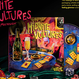 Student work- Redesigned album cover for Beck's "Midnite Vultures" featuring a vibrant party scene with drinks, cards, and dice